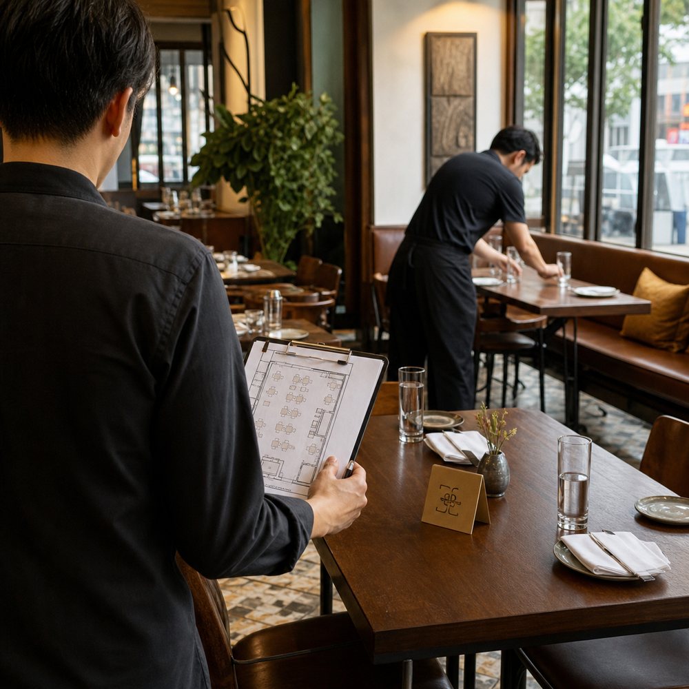 ทีมร้านอาหารกำลังจัดโต๊ะในกรุงเทพฯ พร้อมแผนผังที่นั่งและป้ายจองก่อนเปิดบริการ