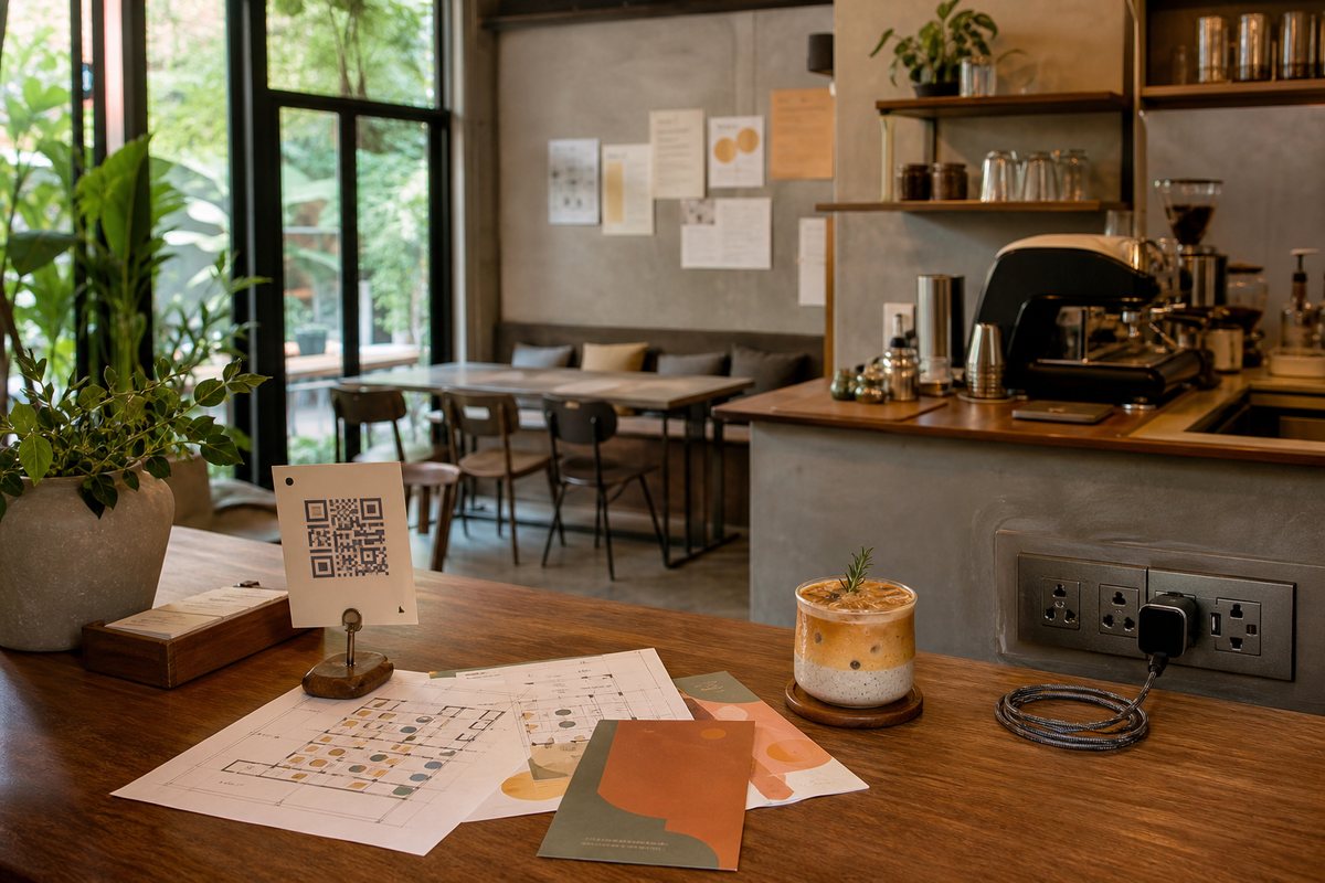 เคาน์เตอร์และที่นั่งคาเฟ่ มีปลั๊ก การ์ด QR แบบ abstract แผนผัง และเครื่องดื่มซิกเนเจอร์